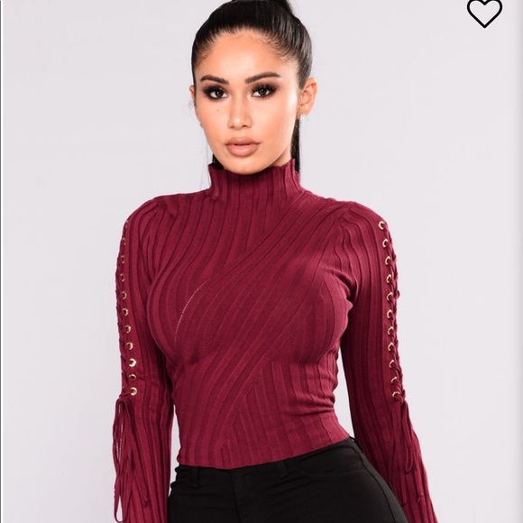 Fashion Nova Burgundy Mock Lace Up Sweater - Picture 1 of 3